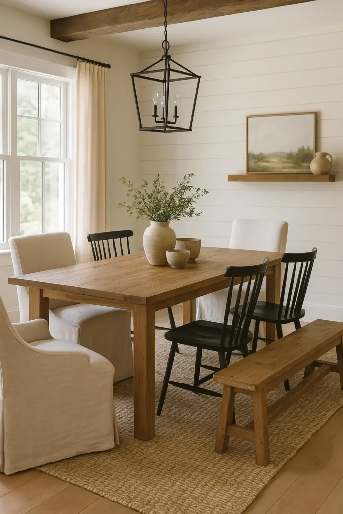 Discover 14 modern farmhouse dining room ideas that blend rustic charm with modern style to create a cozy, inviting, and stylish gathering space.