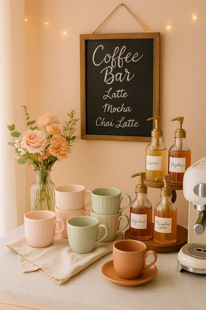 Discover 15 cute coffee bar ideas to create a cozy café vibe at home. Get inspired with charming setups, stylish décor, and easy ways to elevate your daily coffee routine.