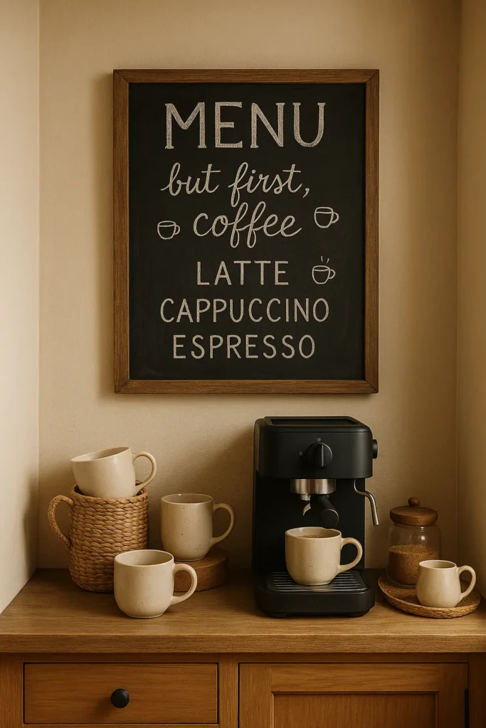 Discover 15 cute coffee bar ideas to create a cozy café vibe at home. Get inspired with charming setups, stylish décor, and easy ways to elevate your daily coffee routine.